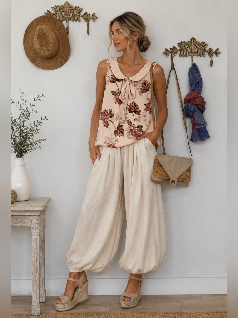 Boho chick Sleeveless Floral Tie-Neck Top in Blush Cream Xs ptp 18” l 23”